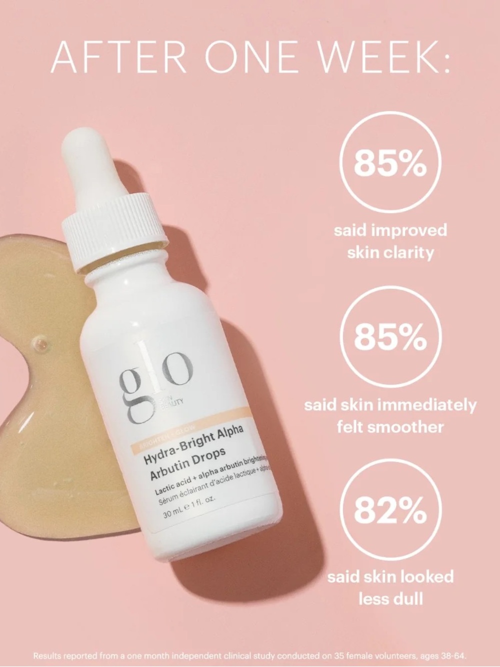 GLO jeans Hydra-Bright Alpha Arbutin Drops — White Bottle on Pink